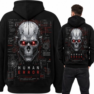 Bluza męska z kapturem „Human Error” - czaszka cyborga AI i kod systemowy, duży nadruk na plecach