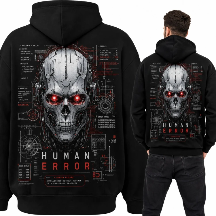 Bluza męska z kapturem „Human Error” - czaszka cyborga AI i kod systemowy, duży nadruk na plecach
