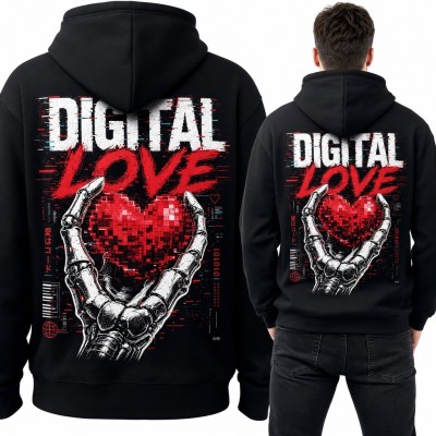 Bluza męska z kapturem „Digital love” - robotyczna dłoń z pikselowym sercem, duży nadruk na plecach