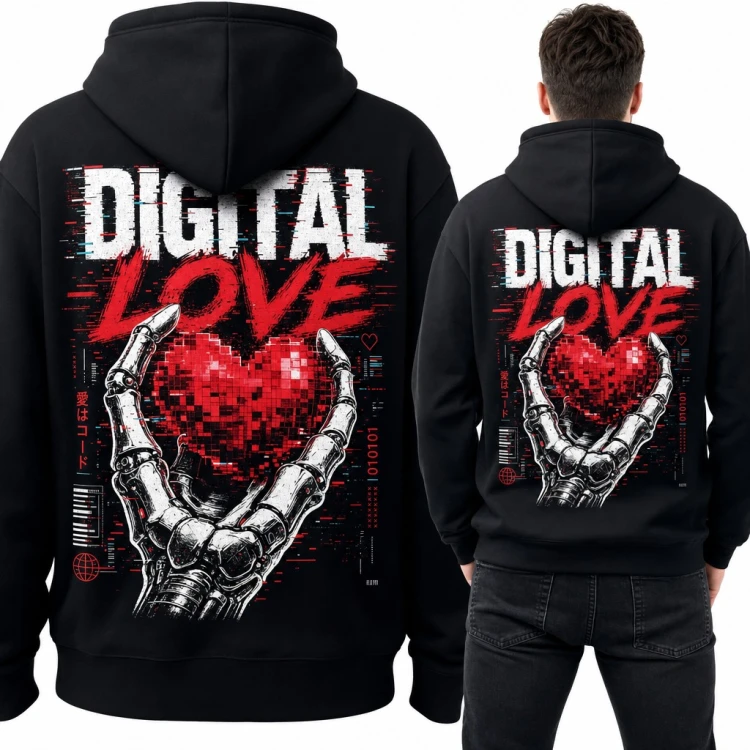 Bluza męska z kapturem „Digital love” - robotyczna dłoń z pikselowym sercem, duży nadruk na plecach