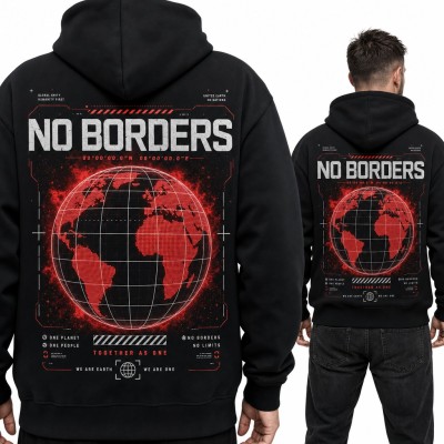 Bluza męska z kapturem „No Borders” - kula ziemska w stylu HUD, duży nadruk na plecach