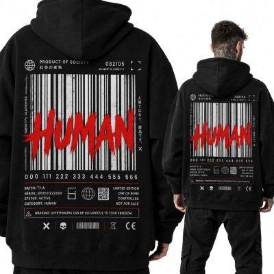 Bluza męska z kapturem „Human” - kod kreskowy streetwear, duży nadruk na plecach