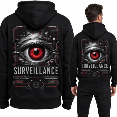 Bluza męska z kapturem „Surveillance” - cyberpunkowe oko w stylu glitch, duży nadruk na plecach