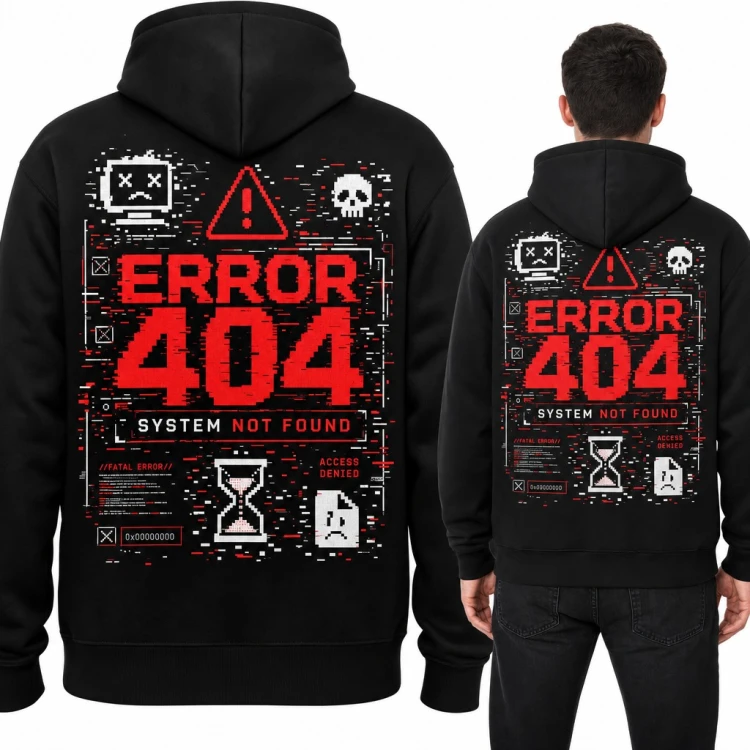 Bluza męska z kapturem „Error 404 System not found” glitch dla programisty - duży nadruk na plecach
