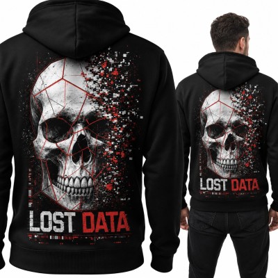Bluza męska z kapturem - pikselowa czaszka glitch „Lost Data” - duży nadruk na plecach