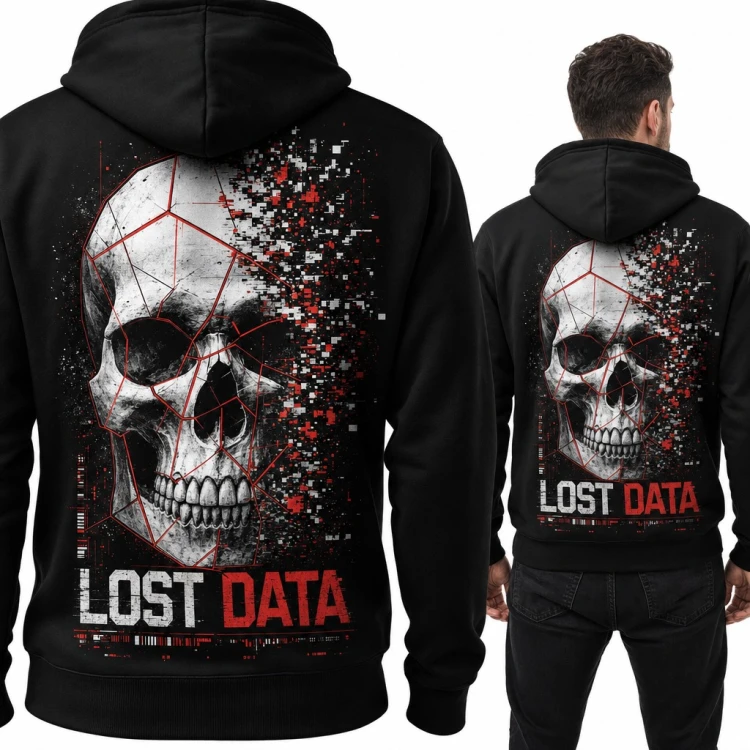 Bluza męska z kapturem - pikselowa czaszka glitch „Lost Data” - duży nadruk na plecach