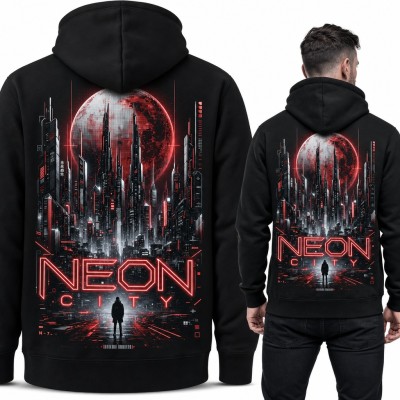 Bluza męska z kapturem „Neon City” - cyberpunkowe miasto pod czerwonym księżycem - duży nadruk na plecach