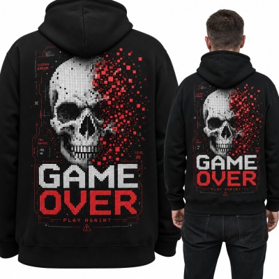 Bluza męska z kapturem „Game over” - pikselowa czaszka gracza, duży nadruk na plecach