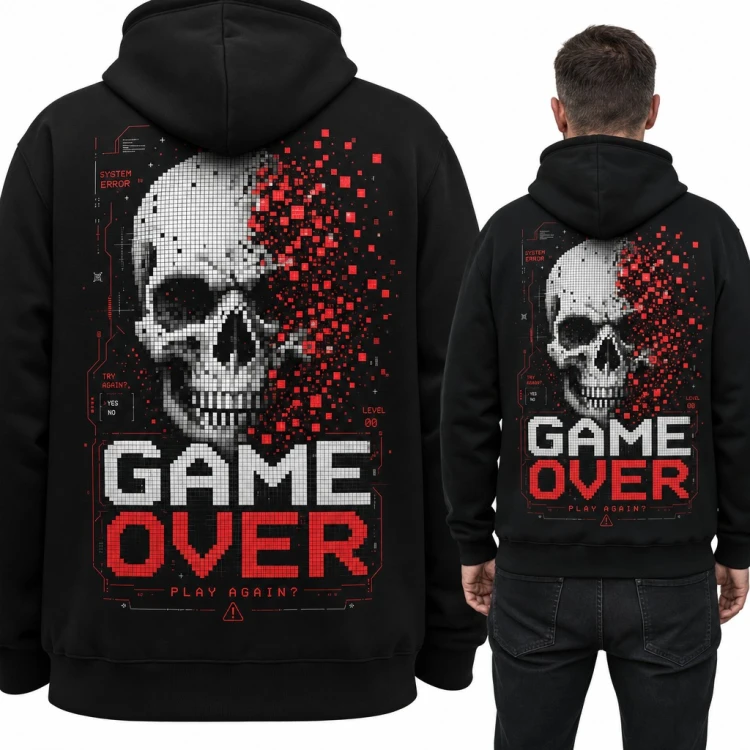 Bluza męska z kapturem „Game over” - pikselowa czaszka gracza, duży nadruk na plecach