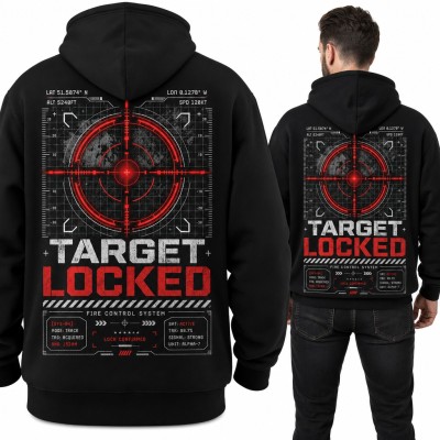 Bluza męska z kapturem „Target Locked” - militarny celownik HUD dla gracza - duży nadruk na plecach