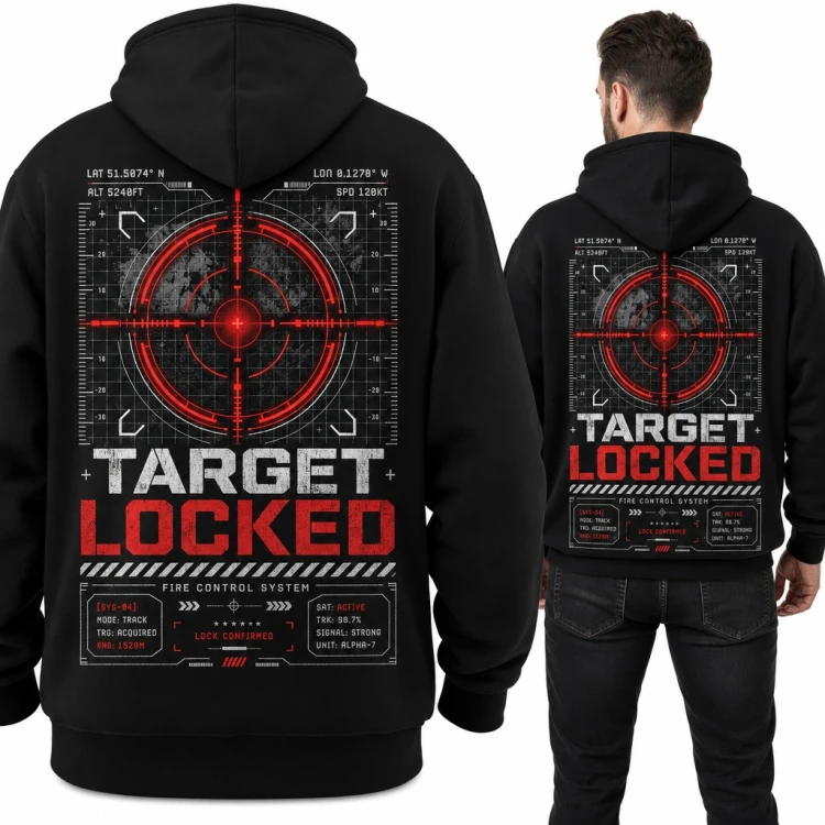Bluza męska z kapturem „Target Locked” - militarny celownik HUD dla gracza - duży nadruk na plecach