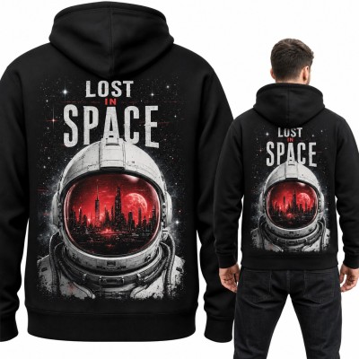 Bluza męska z kapturem „Lost in space” - astronauta z czerwonym miastem w hełmie, duży nadruk na plecach