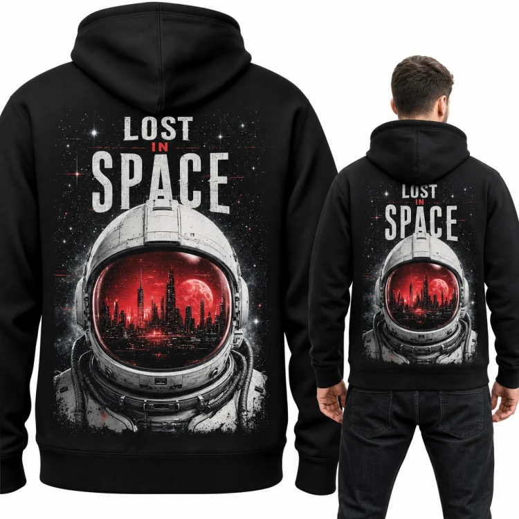 Bluza męska z kapturem „Lost in space” - astronauta z czerwonym miastem w hełmie, duży nadruk na plecach