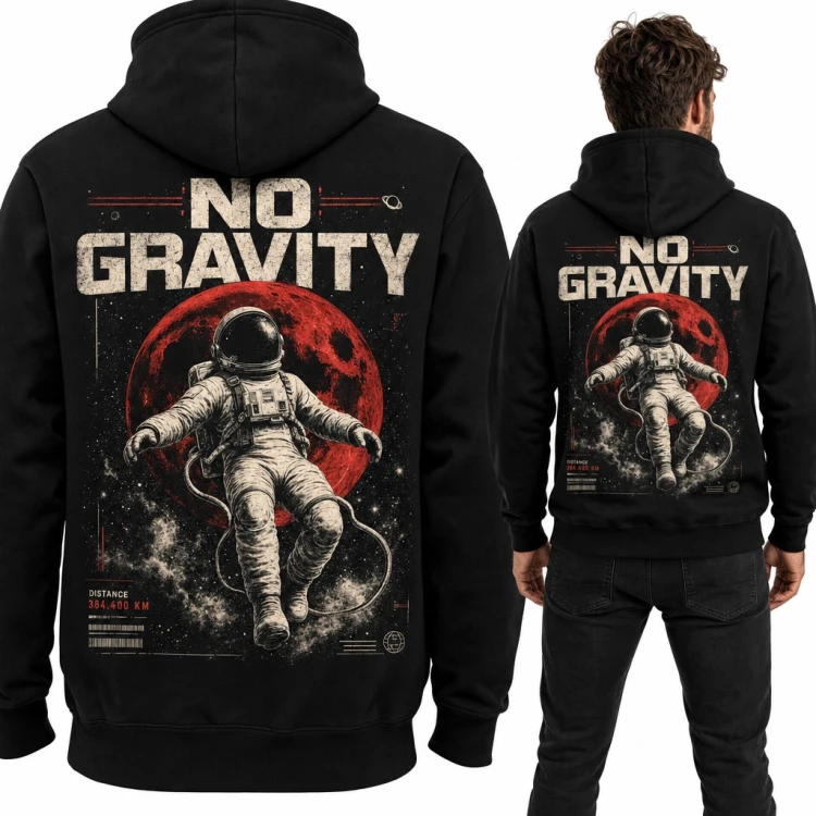 Bluza męska z kapturem „No Gravity” - astronauta na tle czerwonego księżyca, duży nadruk na plecach