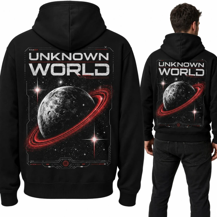 Bluza męska z kapturem - planeta z czerwonymi pierścieniami „Unknown World” - duży nadruk na plecach