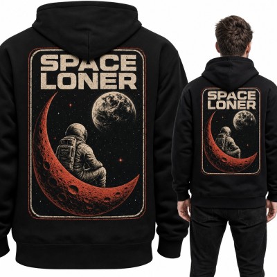Bluza męska z kapturem - astronauta na czerwonym półksiężycu „Space Loner” - duży nadruk na plecach
