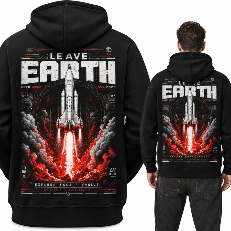 Bluza męska z kapturem - start rakiety kosmicznej „Le ave Earth” - duży nadruk na plecach
