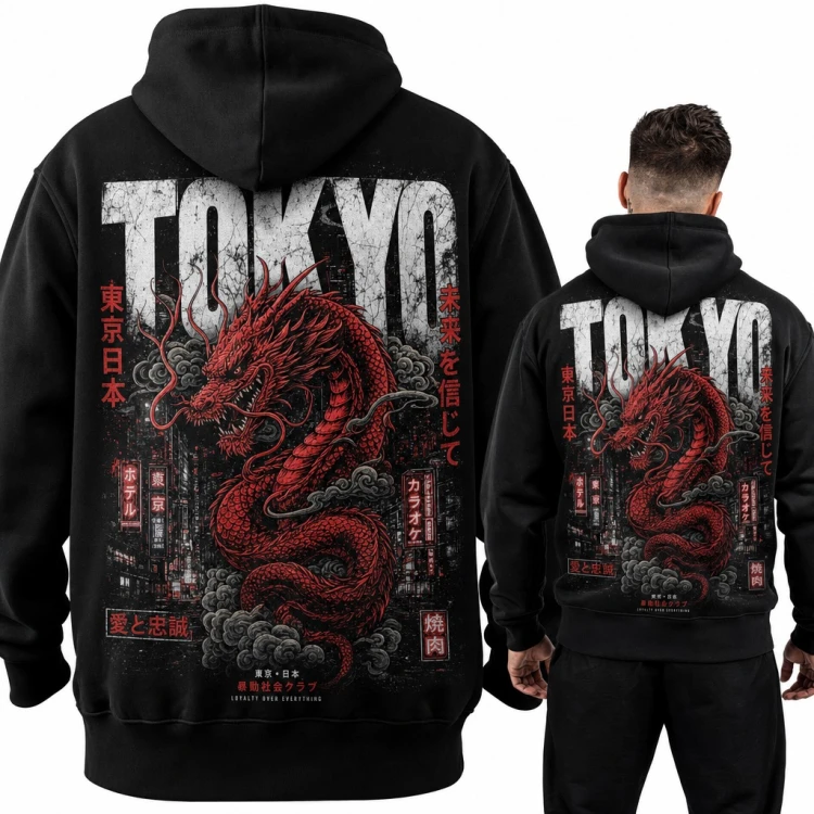 Bluza męska z kapturem „Tokyo” - czerwony smok i neony nocnego miasta, duży nadruk na plecach