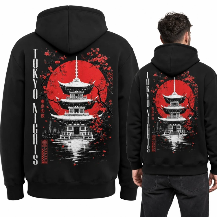 Bluza męska z kapturem „Tokyo Nights” - pagoda, sakura i czerwone słońce - duży nadruk na plecach