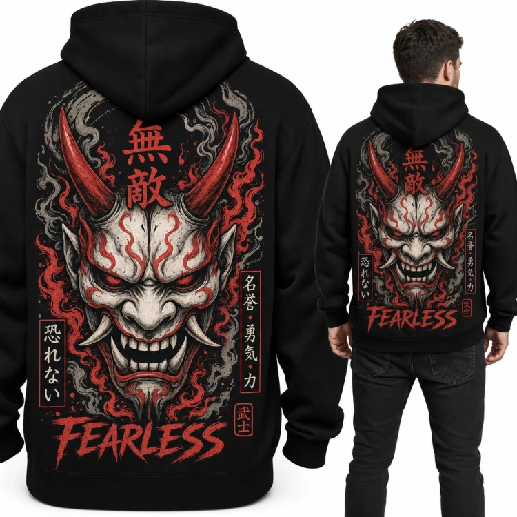 Bluza męska z kapturem - japońska maska Oni w płomieniach i napis „Fearless” - duży nadruk na plecach