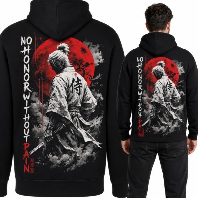 Bluza męska z kapturem - samuraj z kataną i czerwonym księżycem „No Honor Without Pain” - duży nadruk na plecach