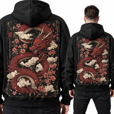 Bluza męska z kapturem - czerwony smok japoński wśród sakury „Eternal Dragon” - duży nadruk na plecach