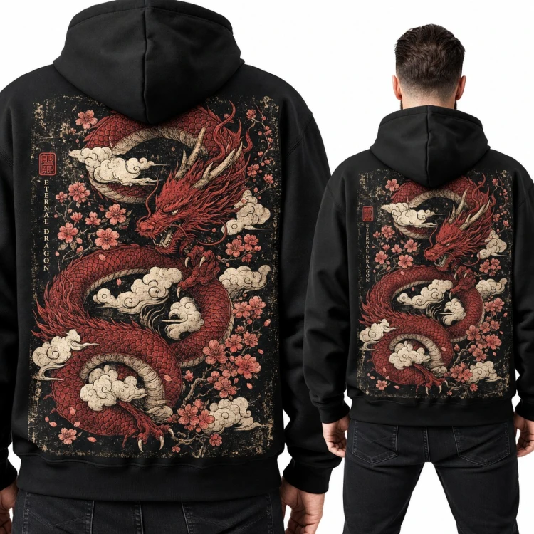 Bluza męska z kapturem - czerwony smok japoński wśród sakury „Eternal Dragon” - duży nadruk na plecach