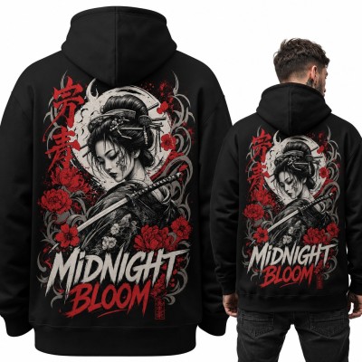 Bluza męska z kapturem - gejsza z kataną „Midnight Bloom” - duży nadruk na plecach