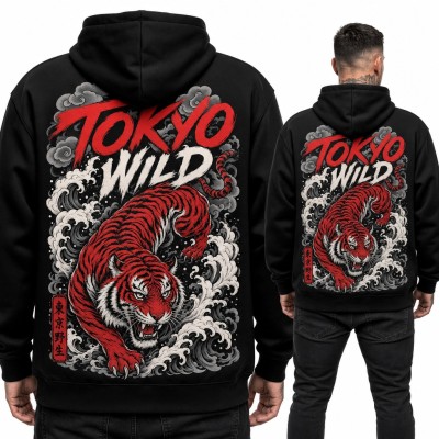 Bluza męska z kapturem - czerwony tygrys wśród japońskich fal „Tokyo Wild” - duży nadruk na plecach