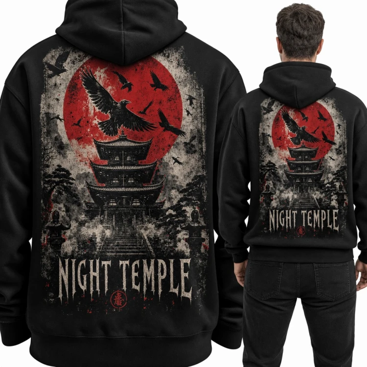 Bluza męska z kapturem „Night Temple” - japońska pagoda i kruki na tle czerwonego słońca, duży nadruk na plecach