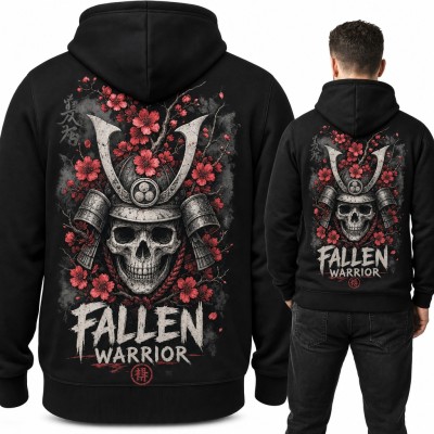 Bluza męska z kapturem - czaszka samuraja w kabuto i sakura „Fallen Warrior” - duży nadruk na plecach