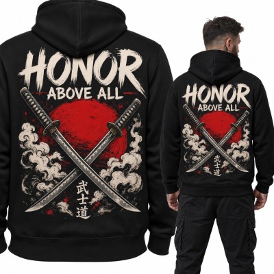 Bluza męska z kapturem „Honor above all” - skrzyżowane katany i czerwone słońce - duży nadruk na plecach
