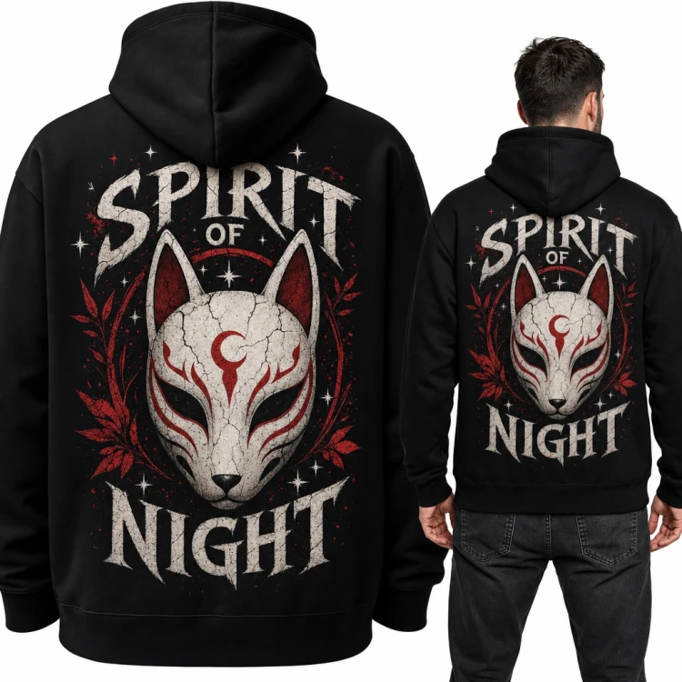 Bluza męska z kapturem - maska kitsune „Spirit of Night” - duży nadruk na plecach