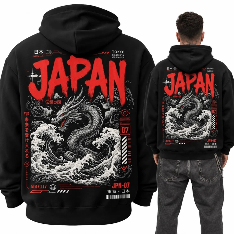 Bluza męska z kapturem - japoński smok w falach i napis „Japan” - duży nadruk na plecach