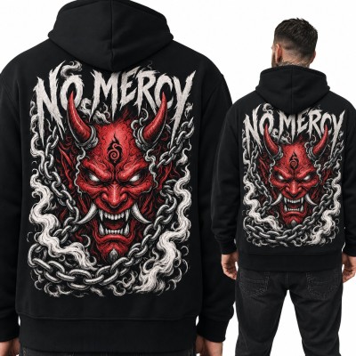 Bluza męska z kapturem - czerwona maska demona Oni w łańcuchach „No Mercy” - duży nadruk na plecach