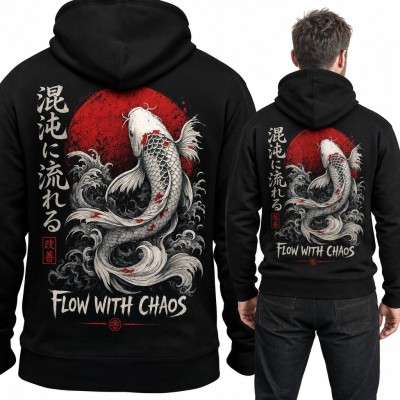 Bluza męska z kapturem - karp koi w falach i „Flow with chaos” - duży nadruk na plecach