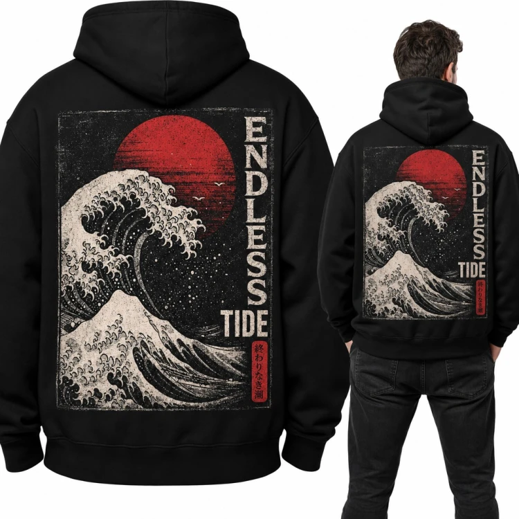 Bluza męska z kapturem - wielka fala i czerwone słońce „Endless Tide” - duży nadruk na plecach