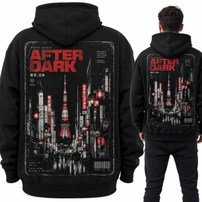 Bluza męska z kapturem „After Dark” - nocne Tokio z Tokyo Tower, duży nadruk na plecach