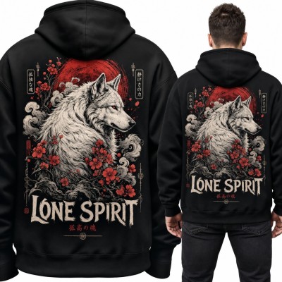 Bluza męska z kapturem - biały wilk z sakurą i japońskim słońcem „Lone Spirit” - duży nadruk na plecach