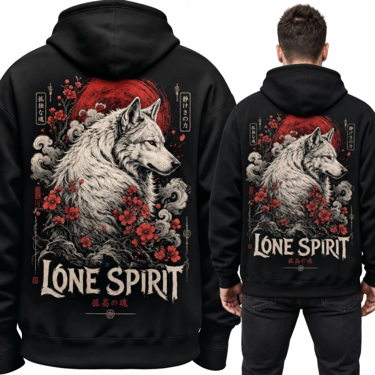 Bluza męska z kapturem - biały wilk z sakurą i japońskim słońcem „Lone Spirit” - duży nadruk na plecach