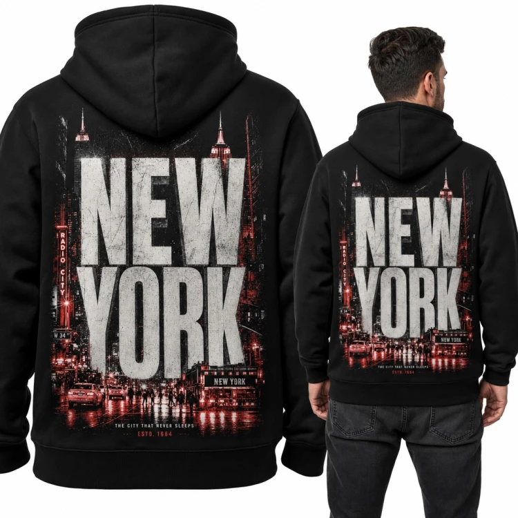 Bluza męska z kapturem „New York” - nocny Manhattan z Empire State Building - duży nadruk na plecach
