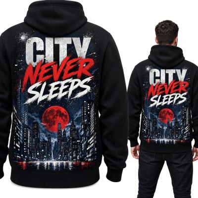 Bluza męska z kapturem „City never sleeps” z nocnym miastem i czerwonym księżycem - duży nadruk na plecach