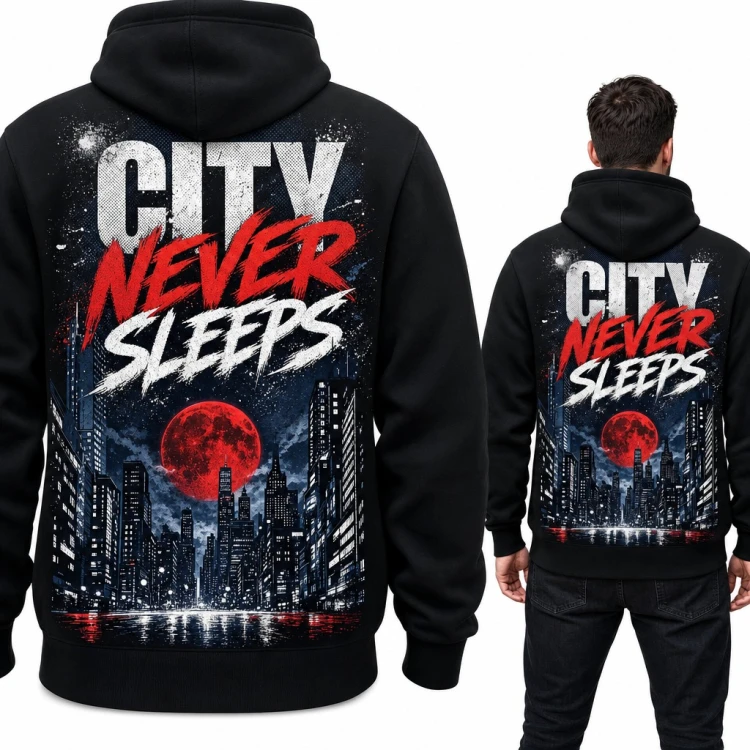 Bluza męska z kapturem „City never sleeps” z nocnym miastem i czerwonym księżycem - duży nadruk na plecach
