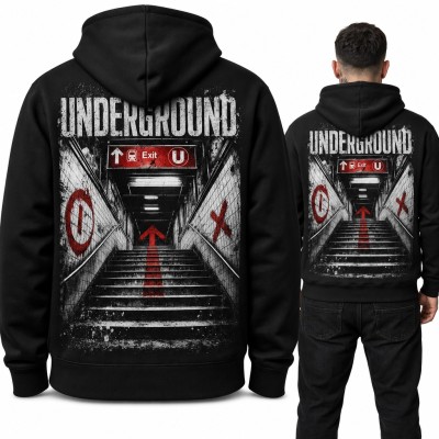 Bluza męska z kapturem „Underground” - schody do metra w stylu grunge, duży nadruk na plecach