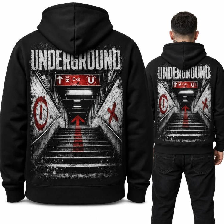 Bluza męska z kapturem „Underground” - schody do metra w stylu grunge, duży nadruk na plecach