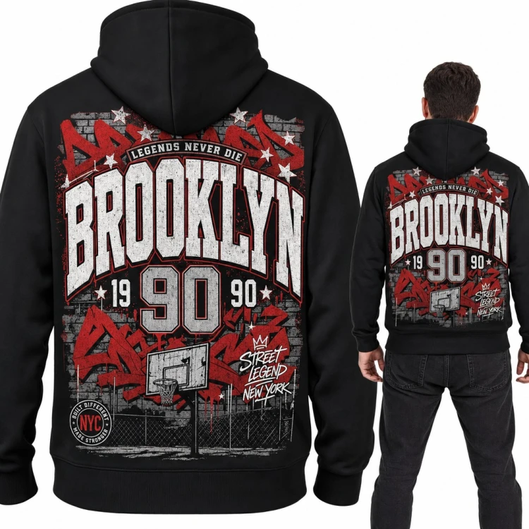 Bluza męska z kapturem „Brooklyn” - graffiti, kosz do koszykówki i duży nadruk na plecach