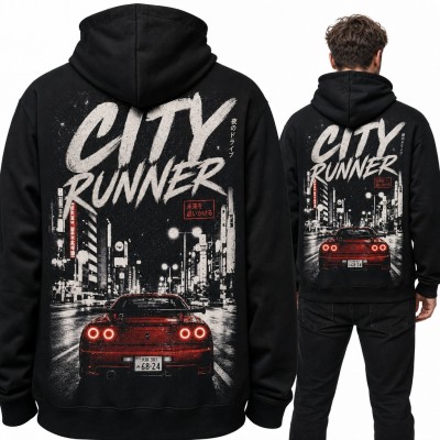 Bluza męska z kapturem „City Runner” - auto JDM w nocnym Tokio, duży nadruk na plecach