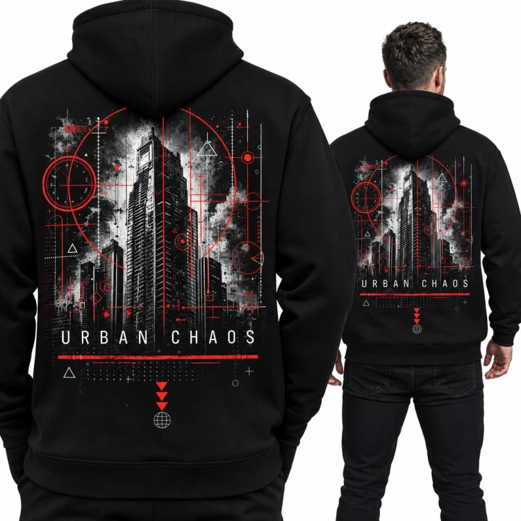 Bluza męska z kapturem „Urban Chaos” - drapacz chmur z czerwoną geometrią, duży nadruk na plecach