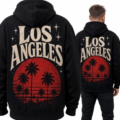 Bluza męska z kapturem „Los Angeles” - palmy na tle czerwonego słońca, duży nadruk na plecach