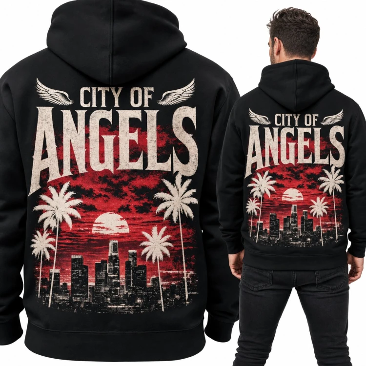 Bluza męska z kapturem „City of Angels” - Los Angeles z palmami i skrzydłami, duży nadruk na plecach